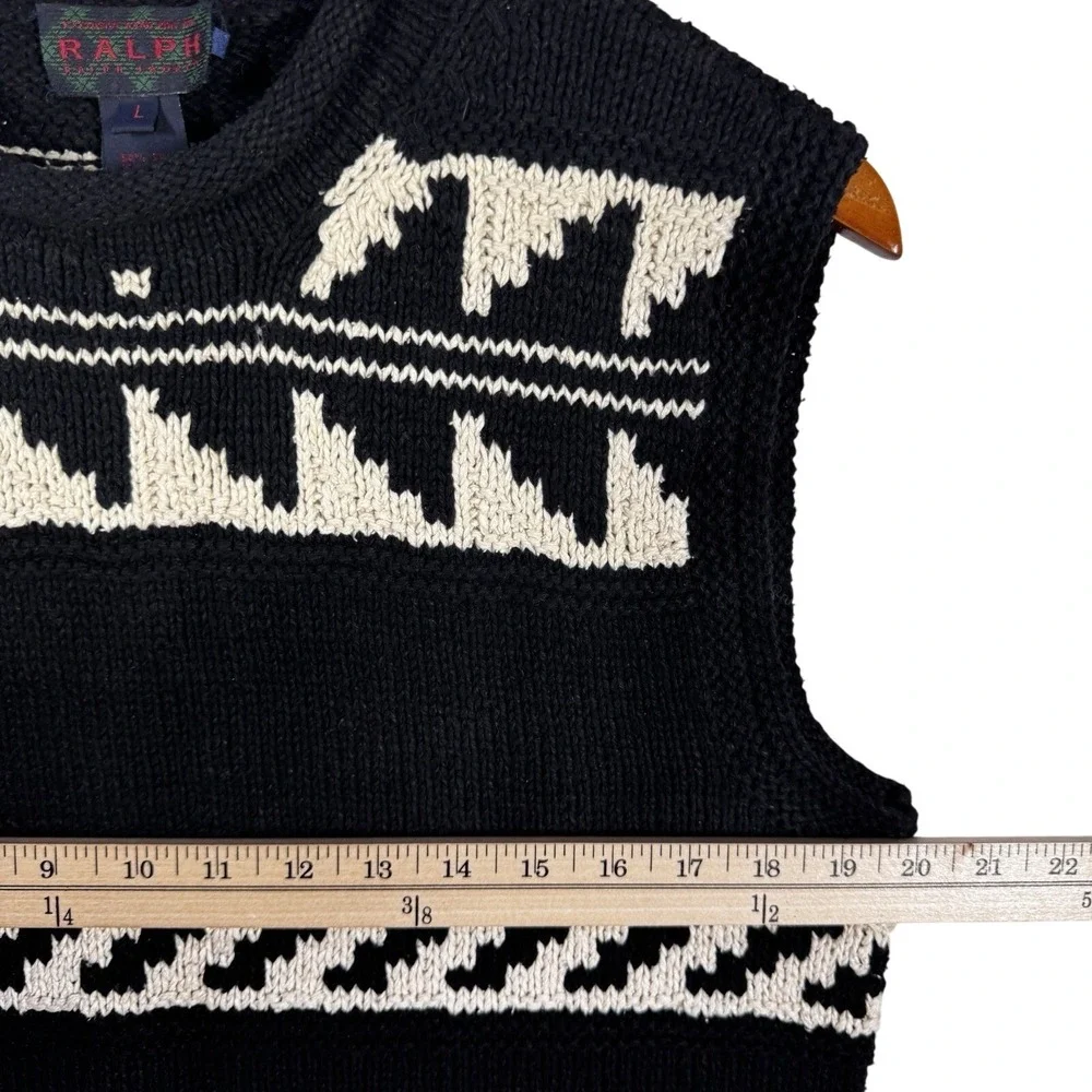 Ralph Lauren Hand Knit Sweater Vest L Black Fair Isle Southwestern Silk Linen